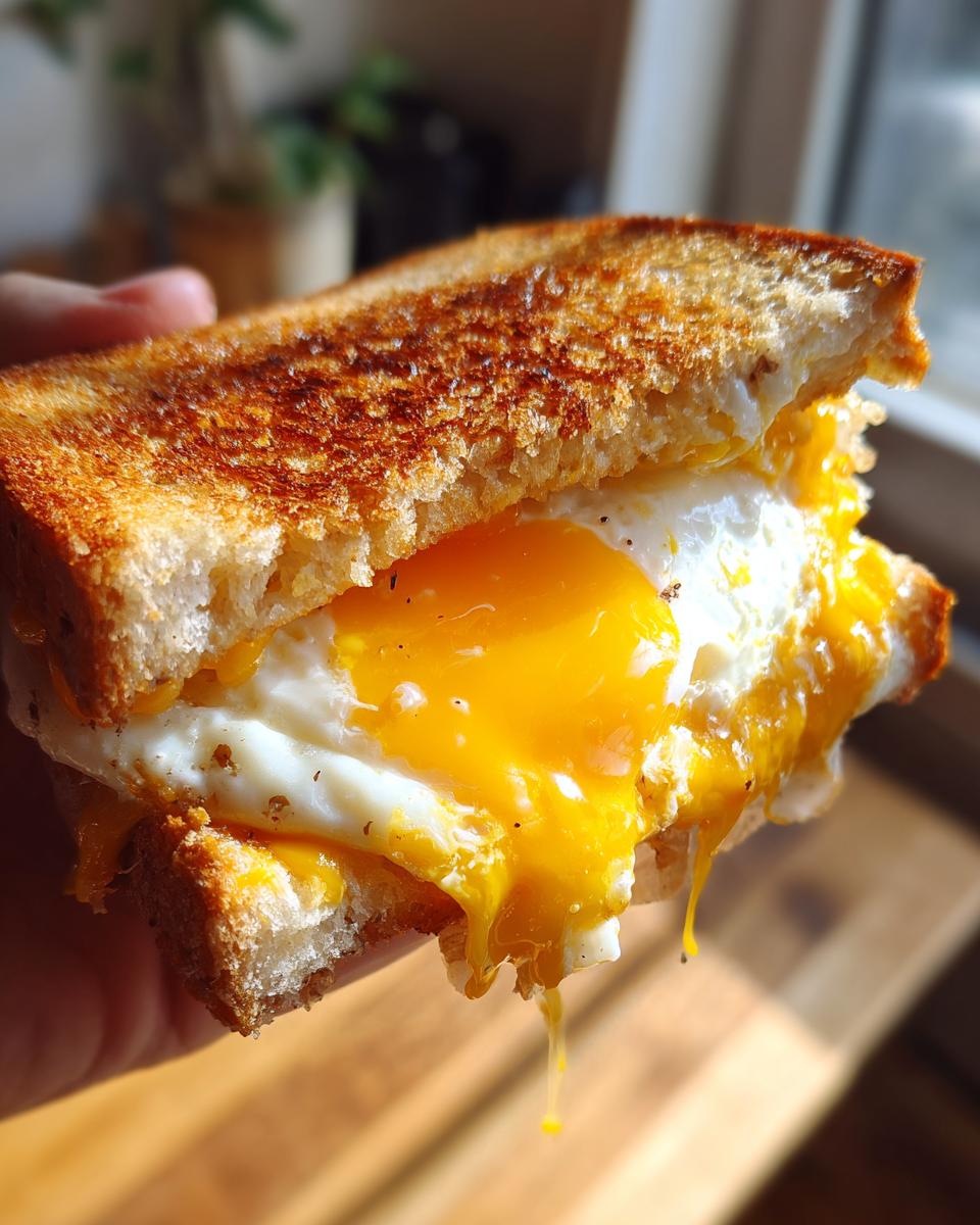 Close-up of a hand holding a Breakfast Grilled Cheese with a perfectly cooked sunny-side-up egg and dripping yolk.