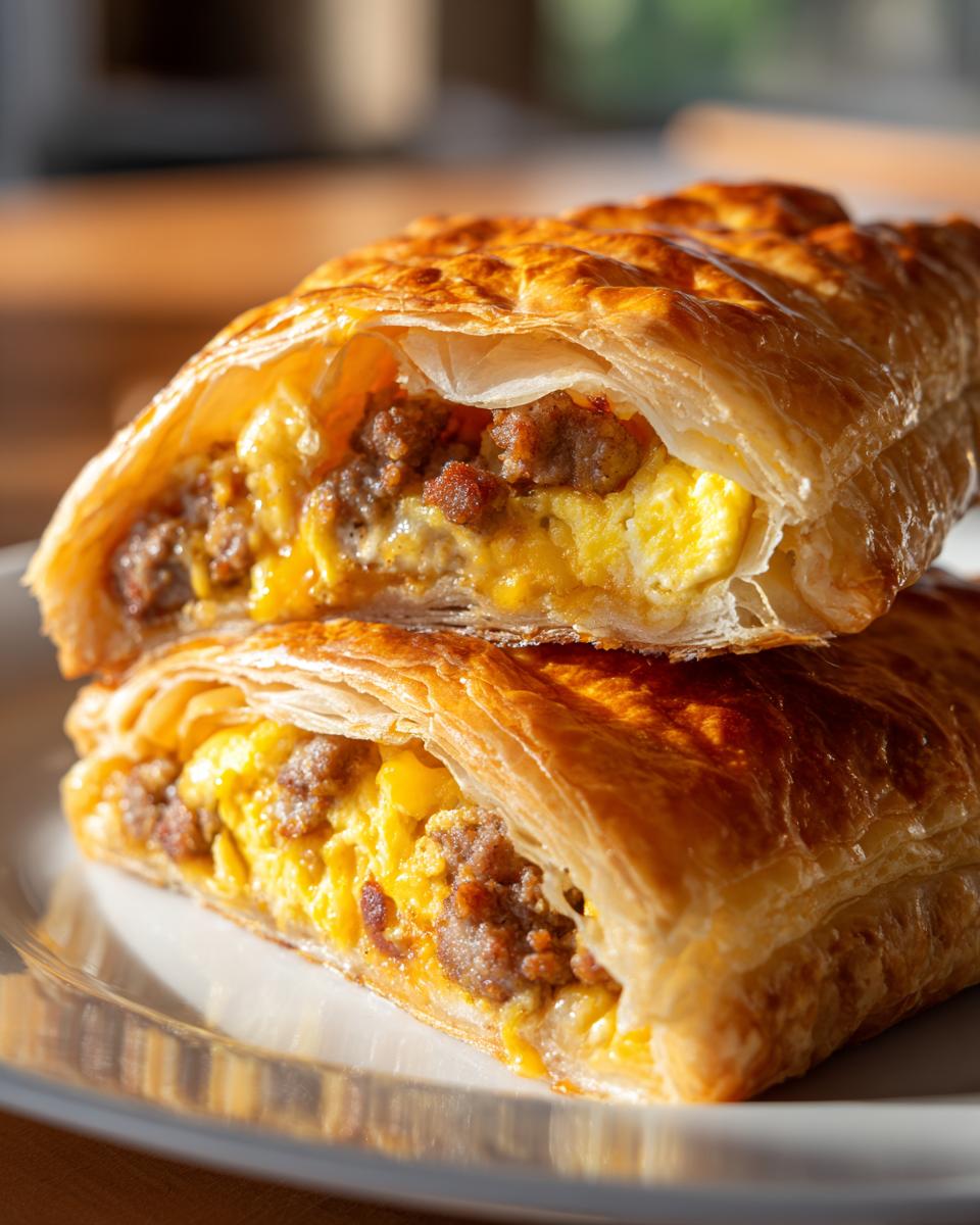 Close-up of a flaky pastry cut in half, revealing sausage, egg, and cheese filling in a Breakfast Pop Tart With Sausage Bacon Egg Cheese.