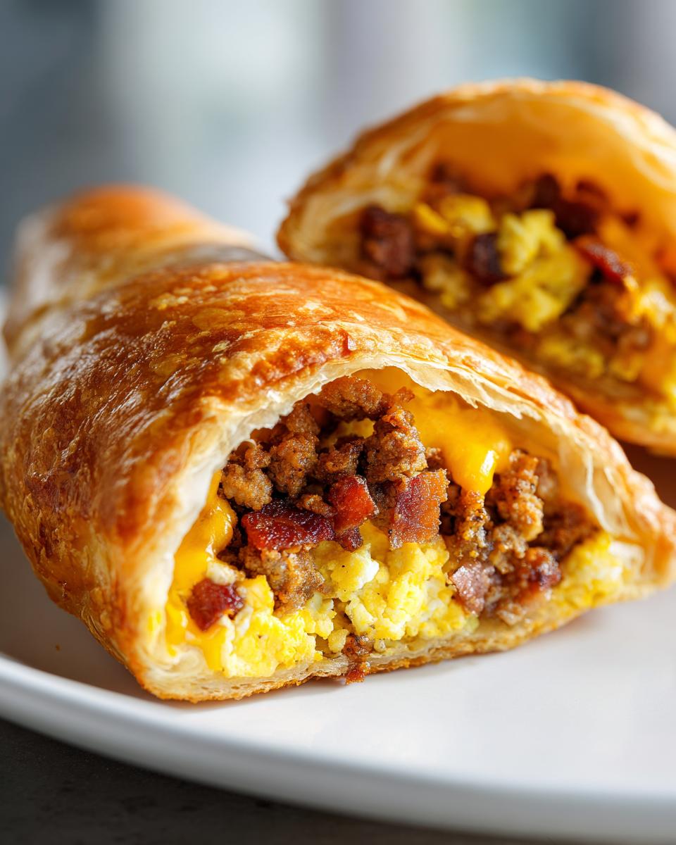 Close-up of a flaky pastry cut open revealing scrambled eggs, sausage, bacon, and melted cheese in a Breakfast Pop Tart With Sausage Bacon Egg Cheese.