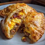 A flaky pastry, resembling a pop tart, cut open to show the filling of sausage, scrambled egg, bacon, and cheese: Breakfast Pop Tart With Sausage Bacon Egg Cheese.