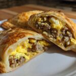 Close-up of a flaky pastry cut in half, revealing the filling of a Breakfast Pop Tart With Sausage Bacon Egg Cheese.