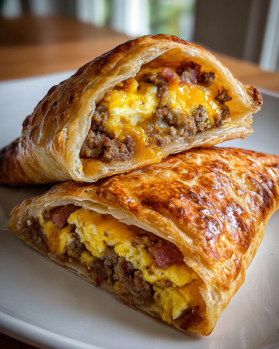 Cross-section view of a flaky pastry showing the filling of a Breakfast Pop Tart With Sausage Bacon Egg Cheese.