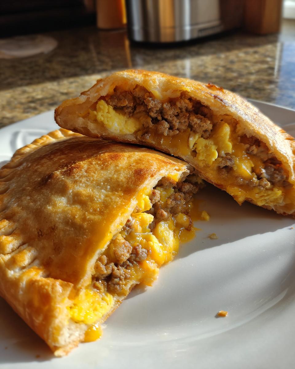 A homemade Breakfast Pop Tart With Sausage Bacon Egg Cheese cut in half, showing sausage, scrambled eggs, and melted cheese filling.