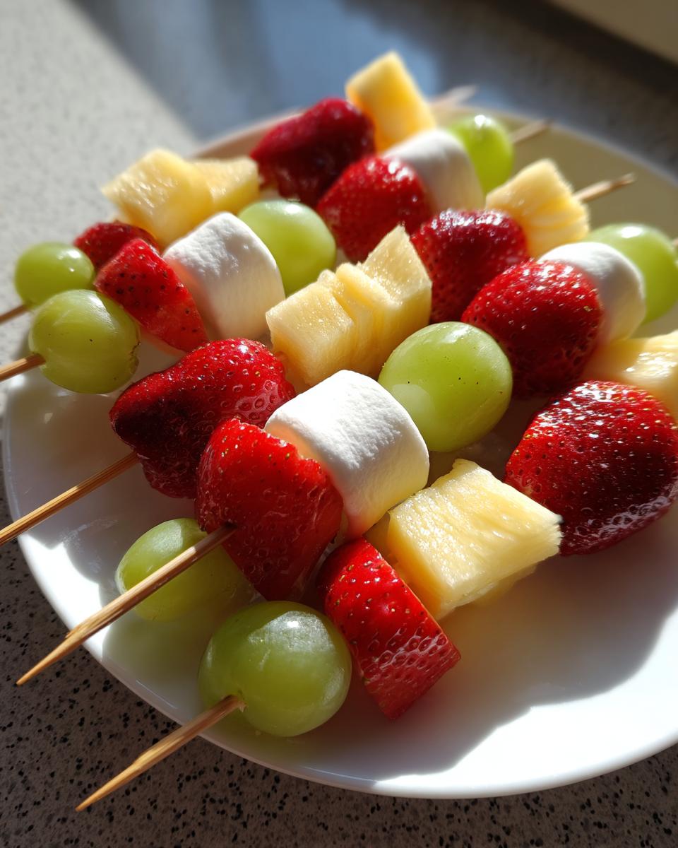 Close-up of colorful Dessert Kabobs featuring strawberries, green grapes, pineapple chunks, and marshmallows on skewers.
