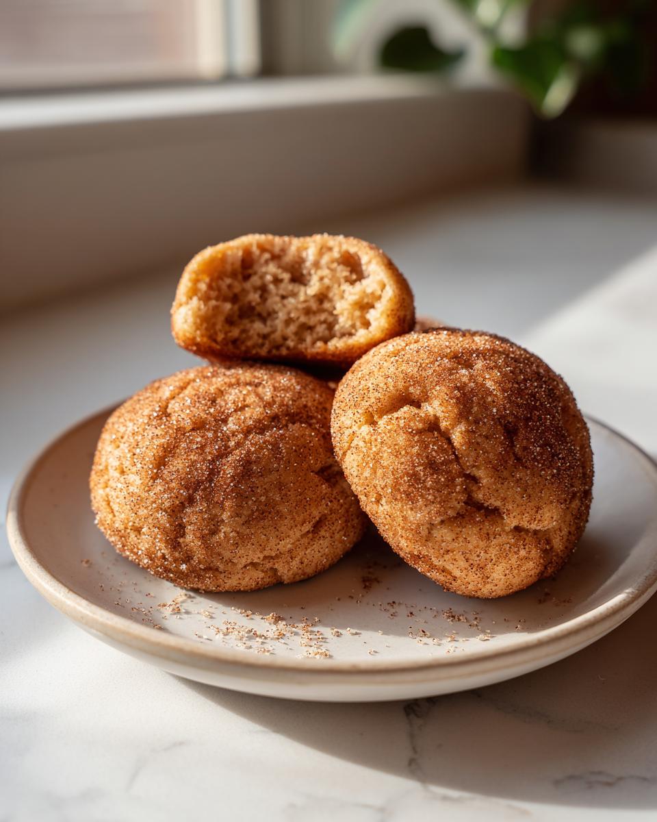 Three soft, thick Brown Butter Snickerdoodles, one broken open to show the fluffy interior, dusted heavily with cinnamon sugar.