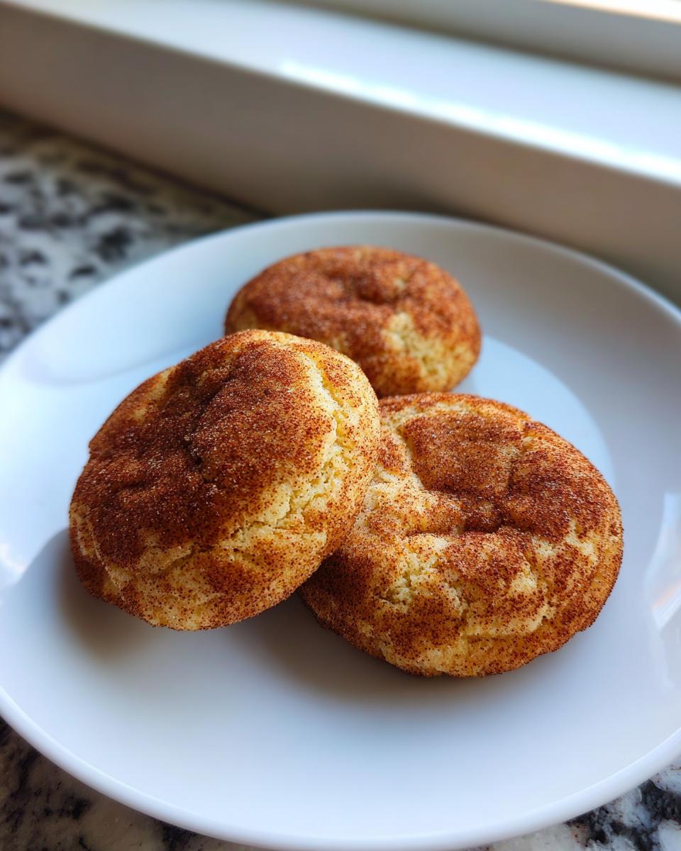 Three soft, cinnamon-sugar coated Brown Butter Snickerdoodles resting on a white plate near a window.