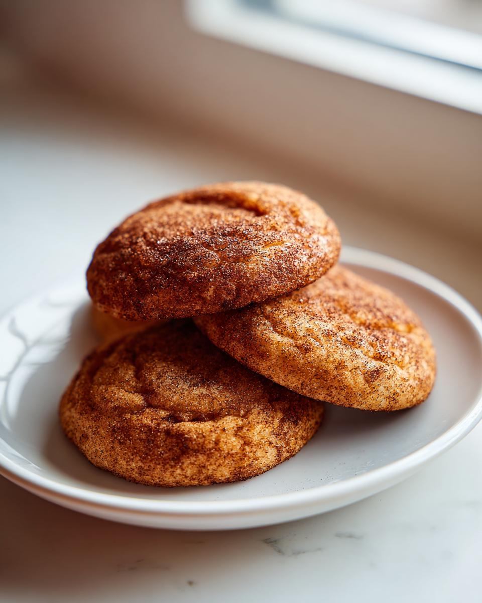 Three freshly baked Brown Butter Snickerdoodles stacked on a small white plate near a window.