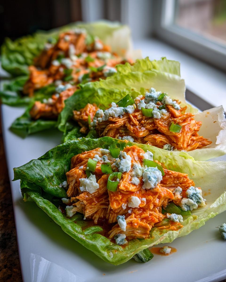 Close-up of several Buffalo Chicken Lettuce Boats filled with shredded chicken, blue cheese crumbles, and green onions.