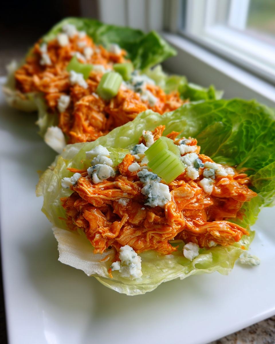 Three servings of Buffalo Chicken Lettuce Boats filled with shredded orange buffalo chicken, blue cheese crumbles, and celery.