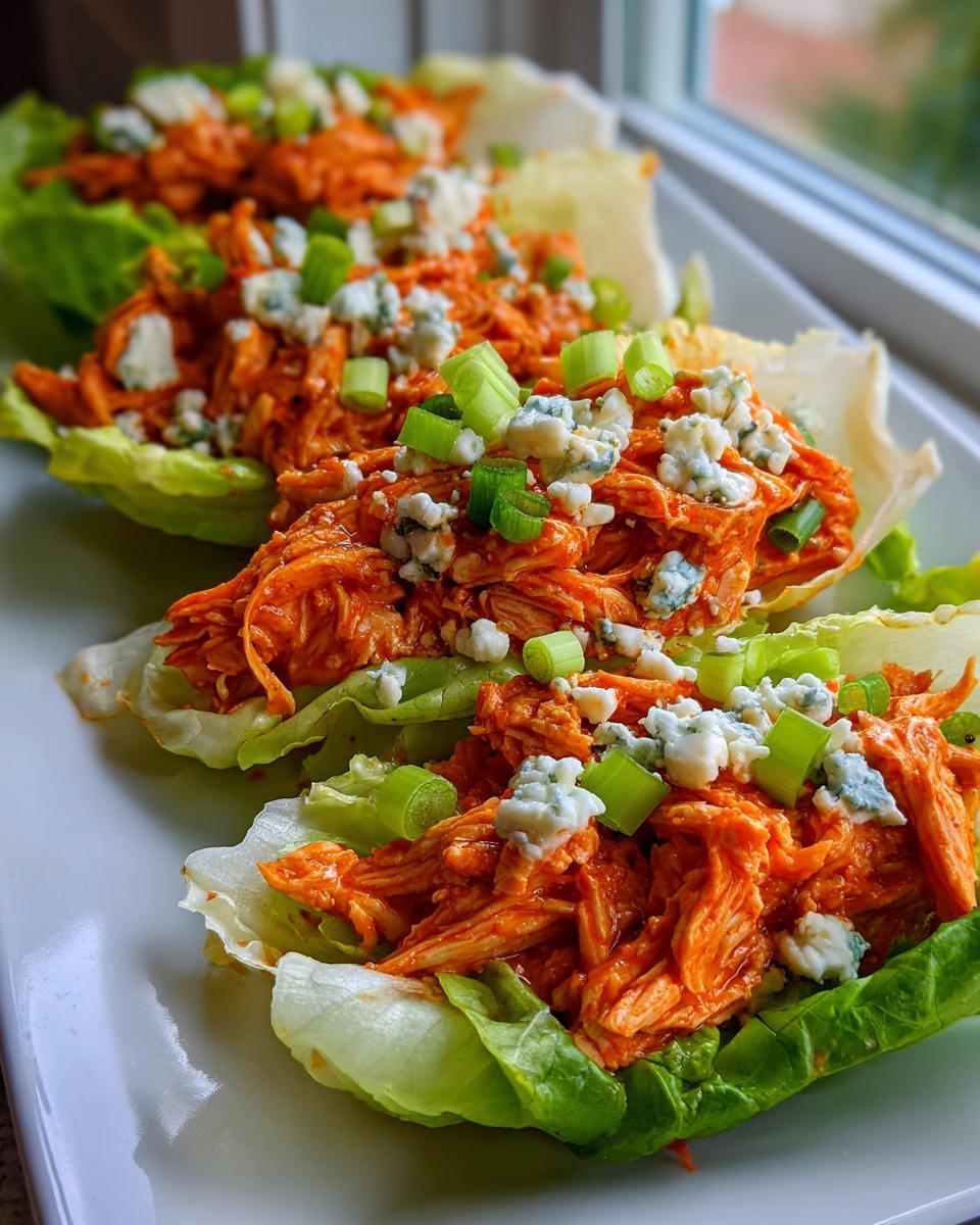 Three Buffalo Chicken Lettuce Boats filled with shredded orange chicken, topped with blue cheese crumbles and green onions.