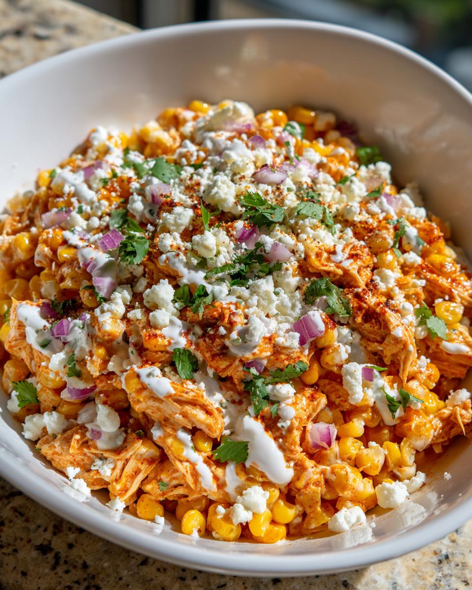 Close-up of Buffalo Chicken Ranch Street Corn Salad featuring corn, shredded chicken, cotija cheese, red onion, and cilantro.