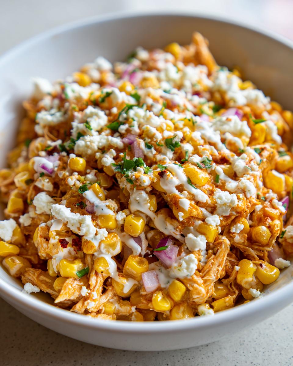 Close-up of Buffalo Chicken Ranch Street Corn Salad featuring shredded chicken, corn, red onion, cotija cheese, and ranch drizzle.