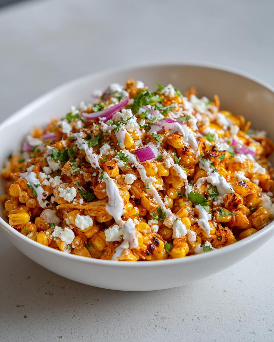 A close-up of Buffalo Chicken Ranch Street Corn Salad topped with crumbled white cheese, red onion, and a ranch drizzle.