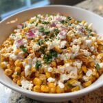 Close-up of Buffalo Chicken Ranch Street Corn Salad topped with cotija cheese, red onion, and cilantro.