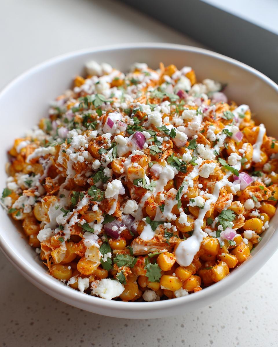 Close-up of Buffalo Chicken Ranch Street Corn Salad featuring corn, crumbled cheese, red onion, and a creamy white drizzle.