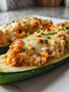 Two baked Buffalo Chicken Zucchini Boats topped with melted, slightly browned cheese and green onions.