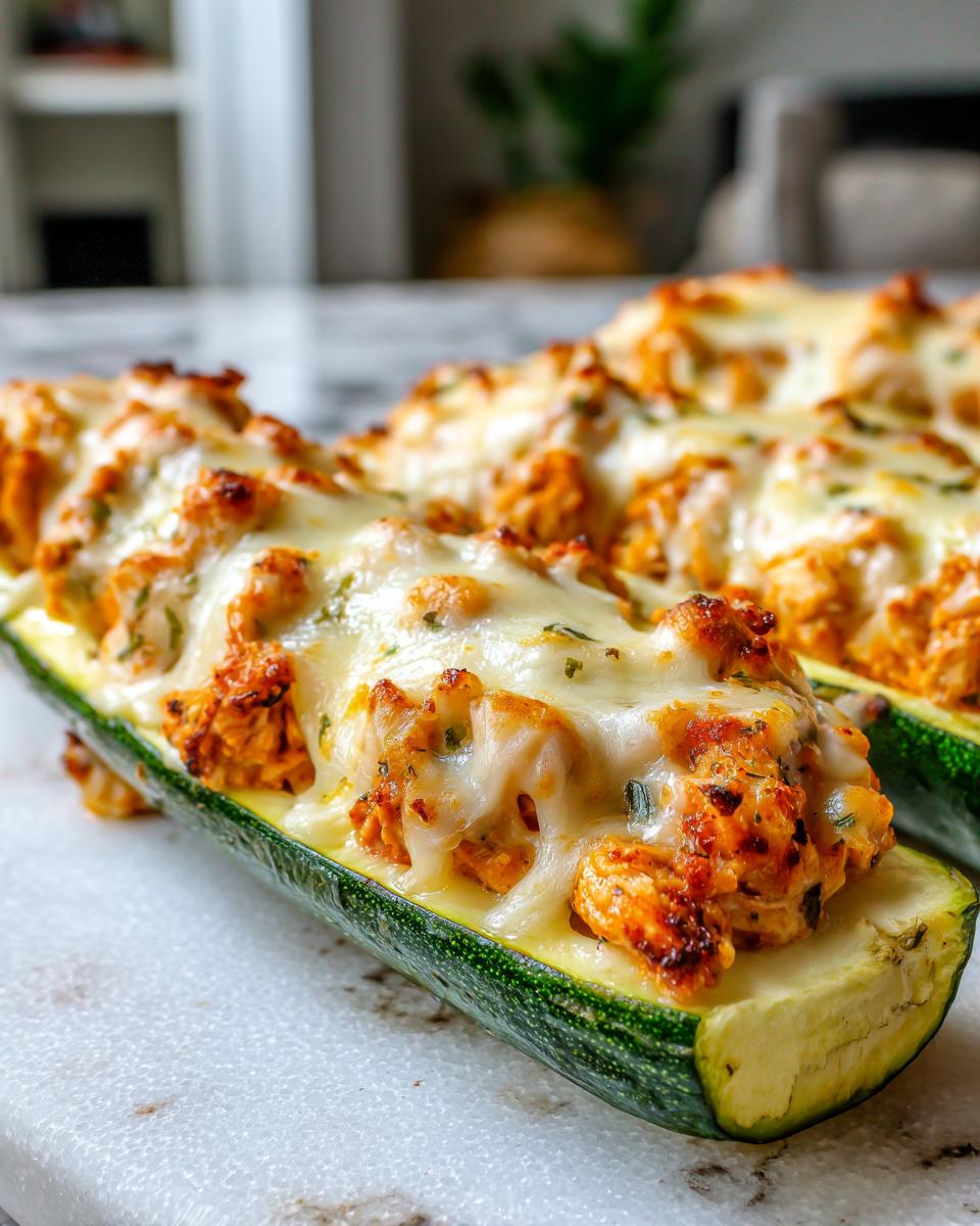 Close-up of Buffalo Chicken Zucchini Boats stuffed with spicy filling and topped with melted mozzarella cheese.
