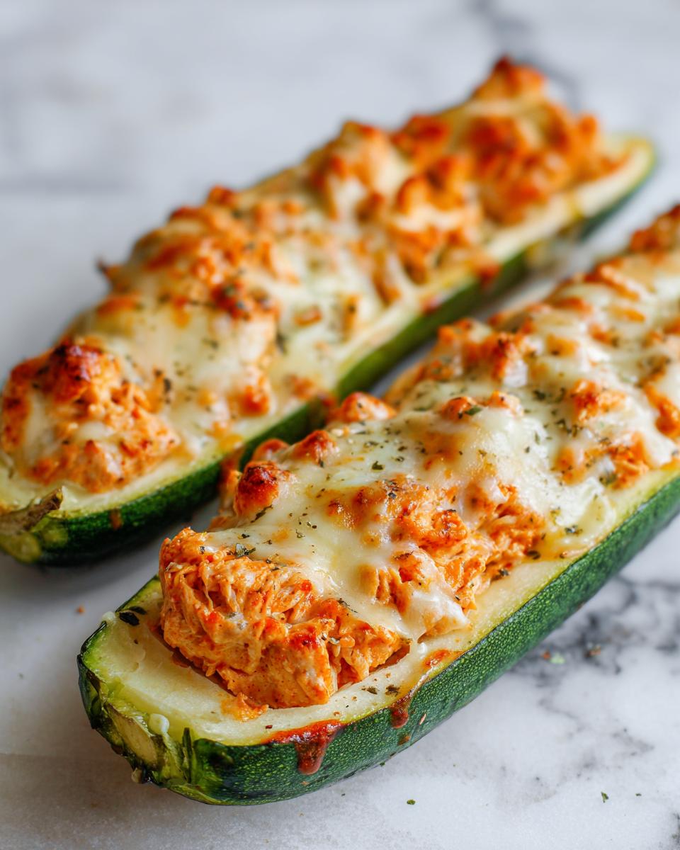 Two baked Buffalo Chicken Zucchini Boats topped with melted cheese and herbs resting on a white marble surface.