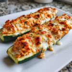 Two baked Buffalo Chicken Zucchini Boats topped with melted, browned cheese and herbs on a white plate.