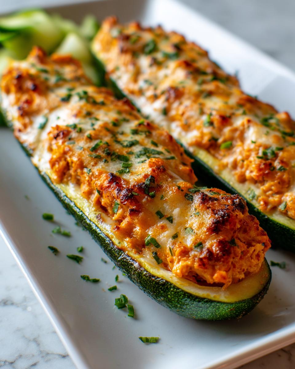 Two baked Buffalo Chicken Zucchini Boats topped with melted cheese and chives on a white plate.