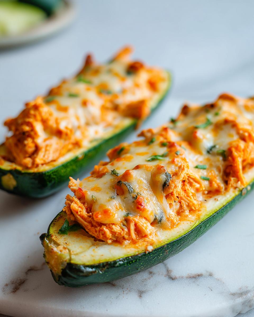 Close-up of two Buffalo Chicken Zucchini Boats stuffed with shredded chicken and melted cheese.