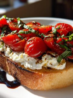 Close-up of a single slice of Burrata Bruschetta Easy Appetizer with creamy cheese, roasted tomatoes, and basil on toasted bread.