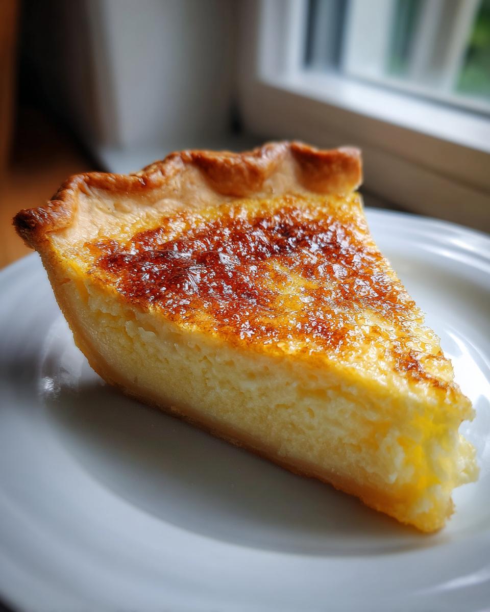 A close-up slice of Amazing Buttermilk Pie on a white plate, featuring a golden, slightly caramelized top.