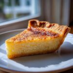 A close-up slice of golden-brown Buttermilk Pie resting on a white plate, backlit by a window.