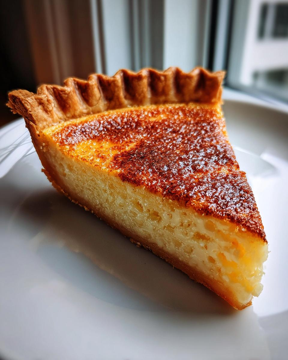 A close-up slice of golden-brown Buttermilk Pie on a white plate, showing the creamy filling texture.