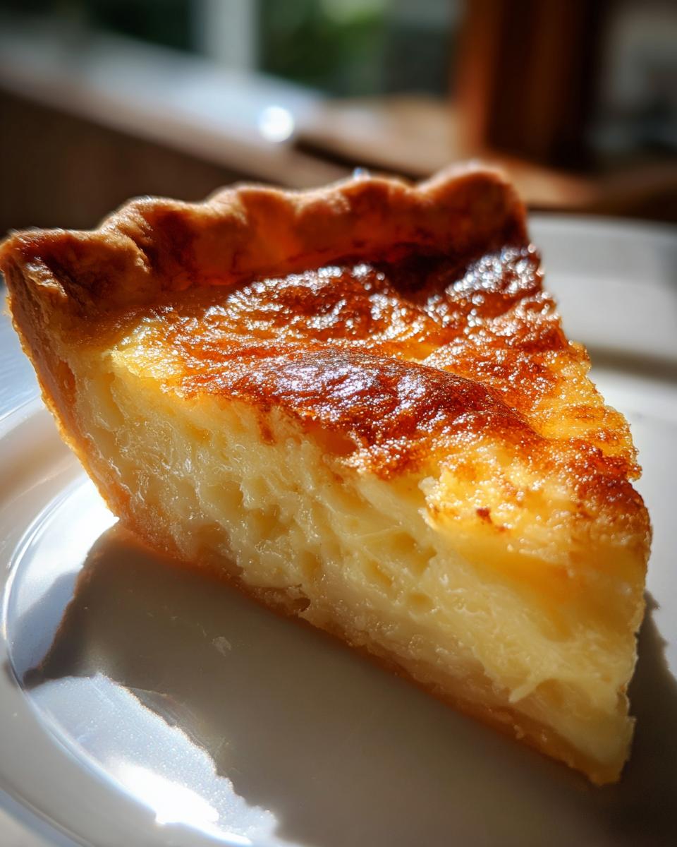 A close-up slice of creamy Buttermilk Pie with a beautifully browned, caramelized top crust.