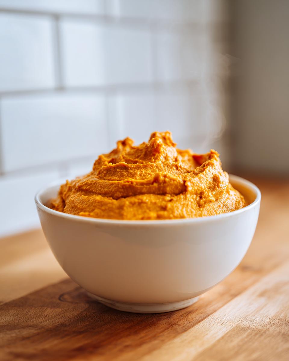 A steaming bowl of vibrant orange Butternut Squash Dip With Air Fryer Roasted Garlic served on a wooden surface.