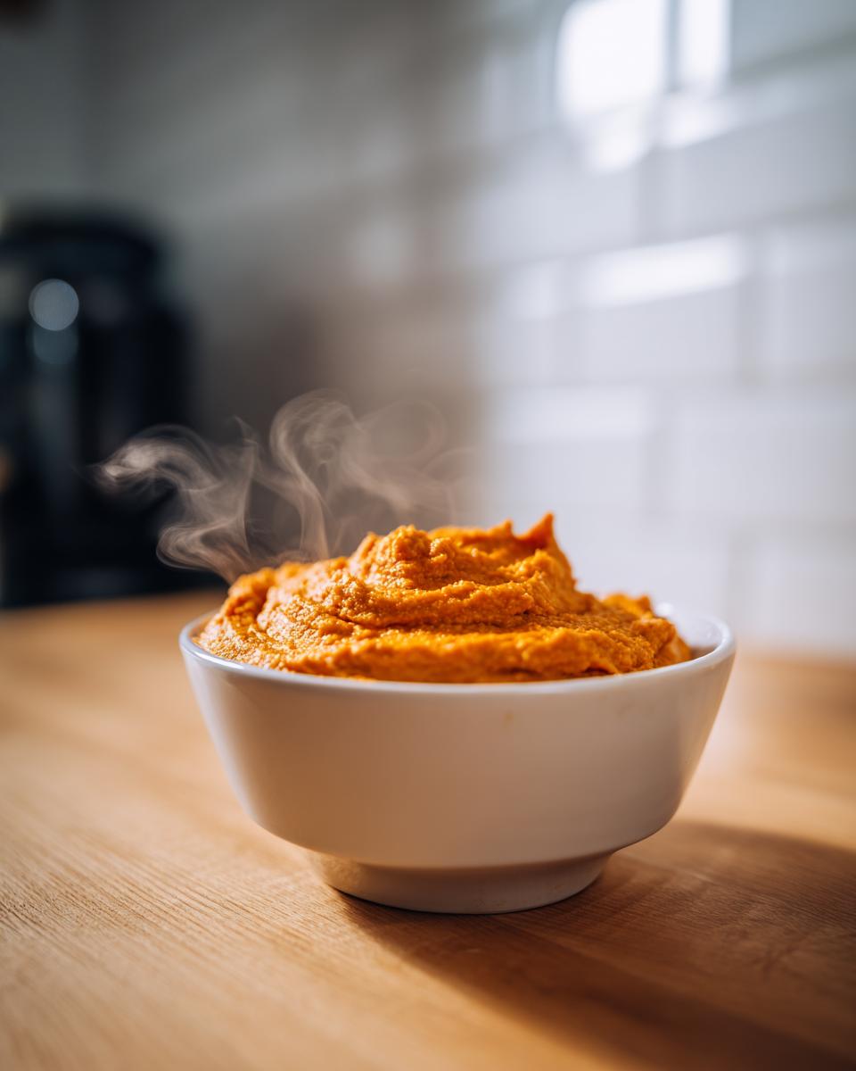 A close-up of hot, steaming Butternut Squash Dip With Air Fryer Roasted Garlic served in a white bowl on a wooden counter.