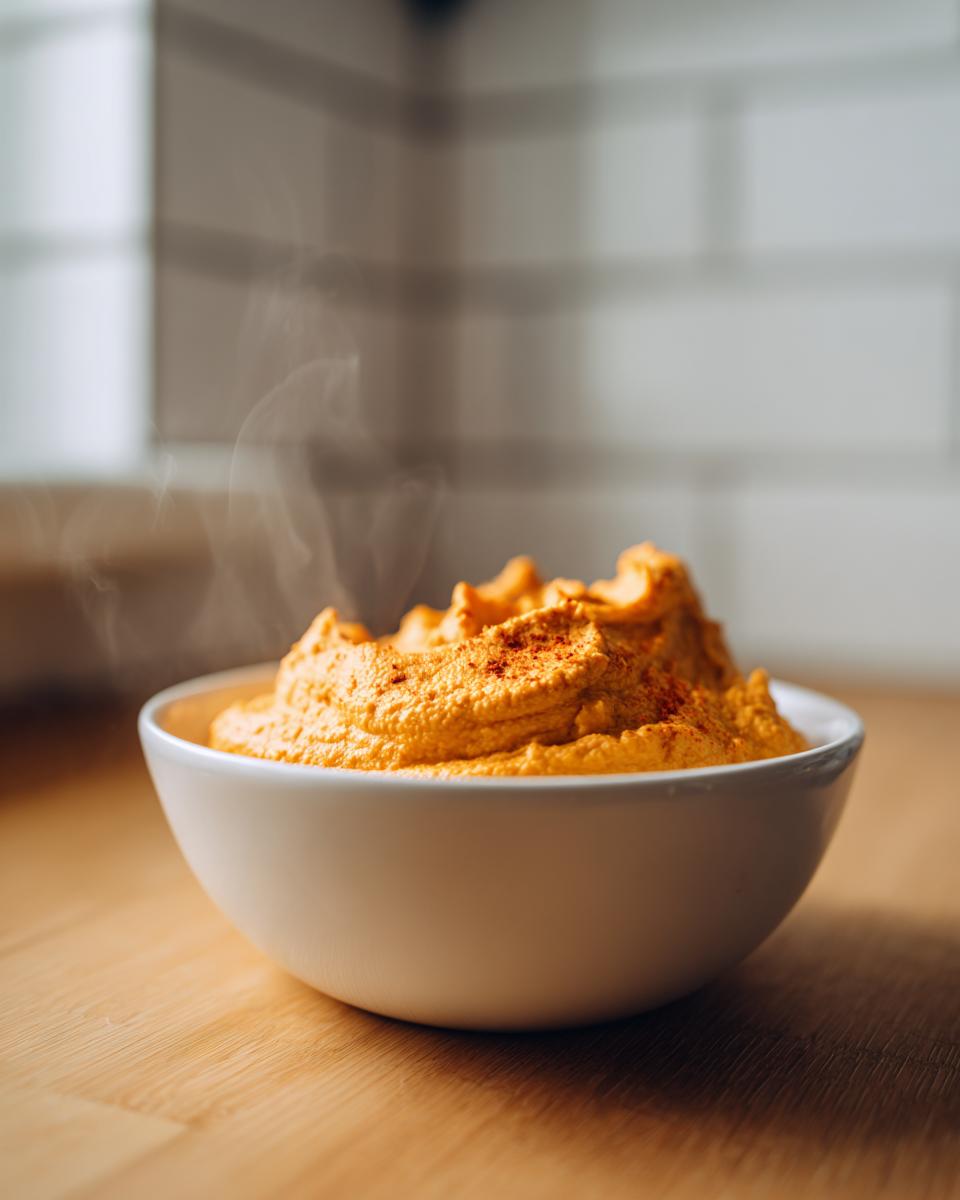 A close-up of hot Butternut Squash Dip With Air Fryer Roasted Garlic topped with paprika in a white bowl.