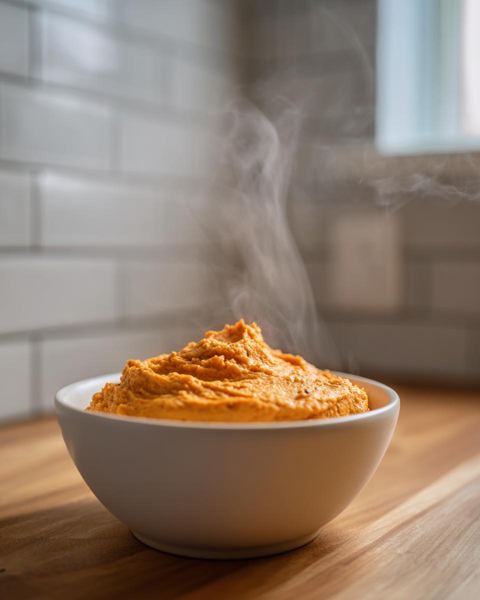 A bowl of hot, steaming Butternut Squash Dip With Air Fryer Roasted Garlic sitting on a wooden countertop.