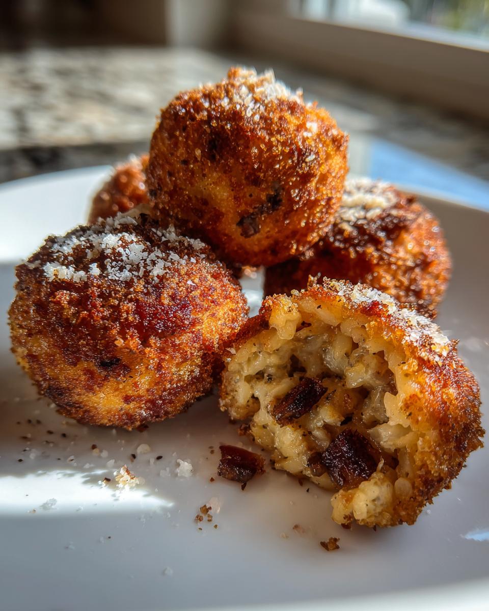 Close-up of crispy, golden Cajun Dirty Rice Arancini bites, one broken open showing the rice filling.