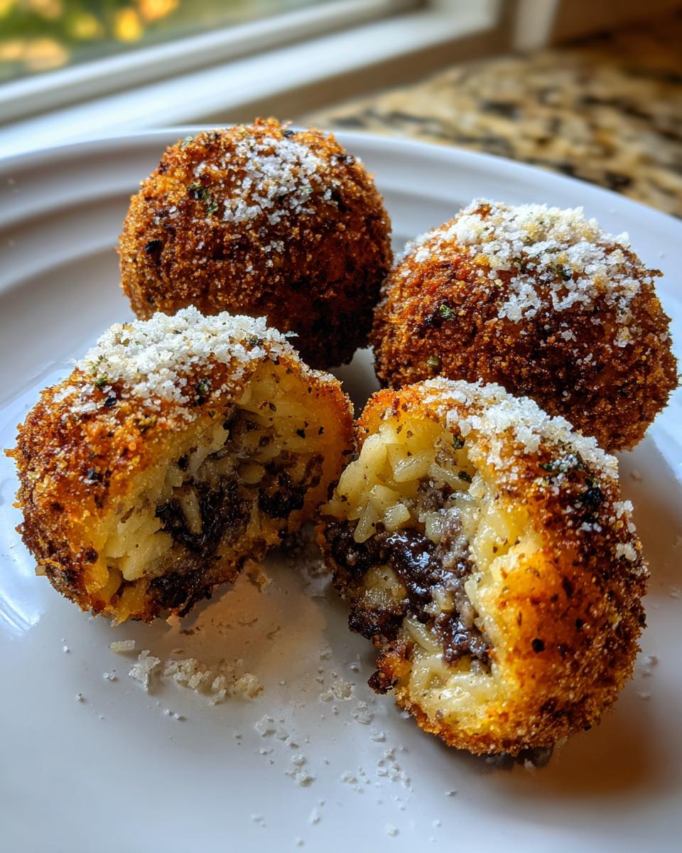Four golden-brown Cajun Dirty Rice Arancini bites, one cut in half showing the savory filling, sprinkled with grated cheese.