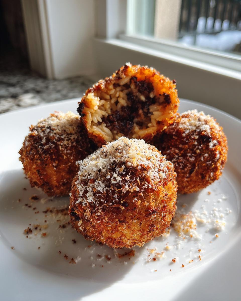 Four golden-brown Cajun Dirty Rice Arancini bites, one cut open to show the rice filling, sprinkled with cheese.