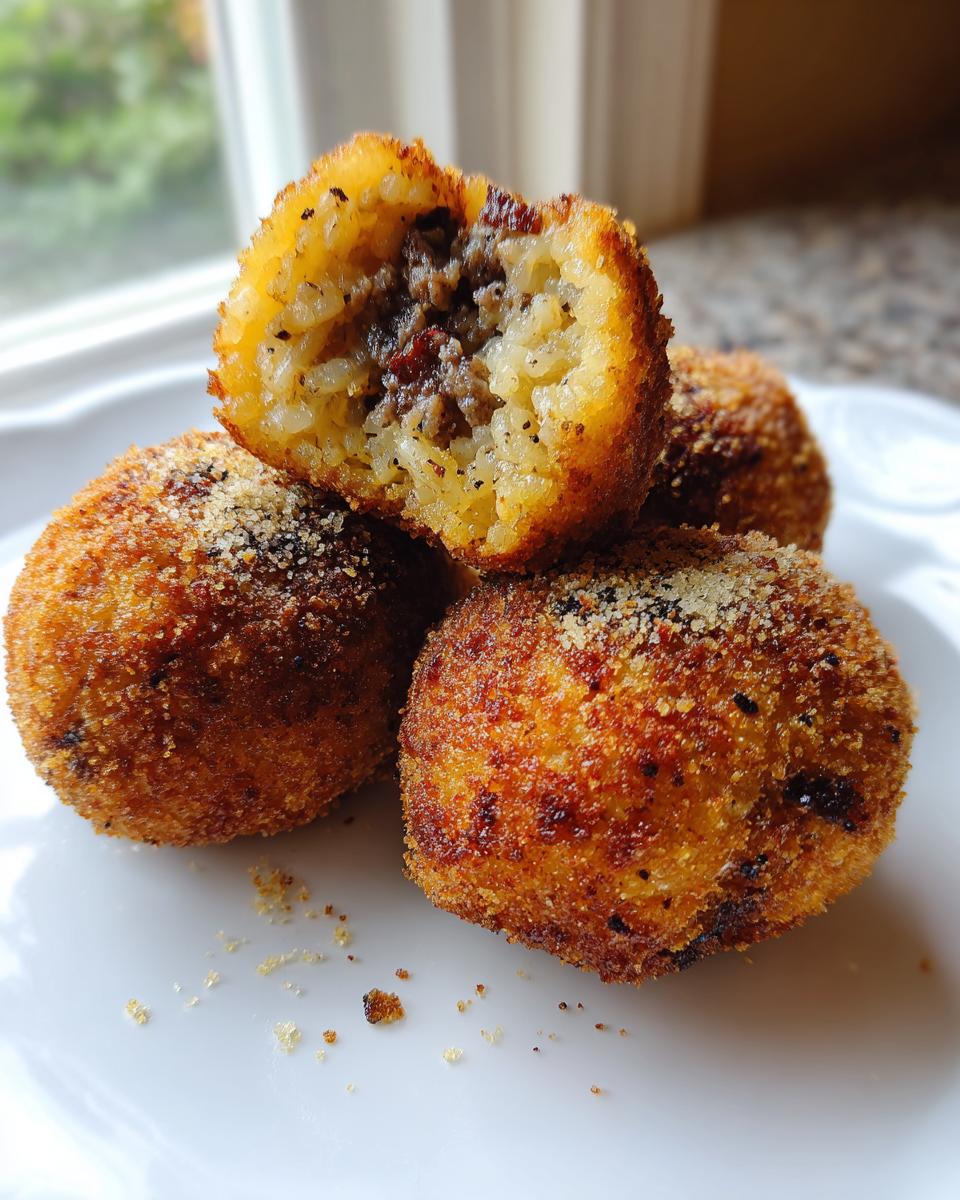 Close-up of golden-brown Cajun Dirty Rice Arancini bites, one cut open revealing the savory filling.