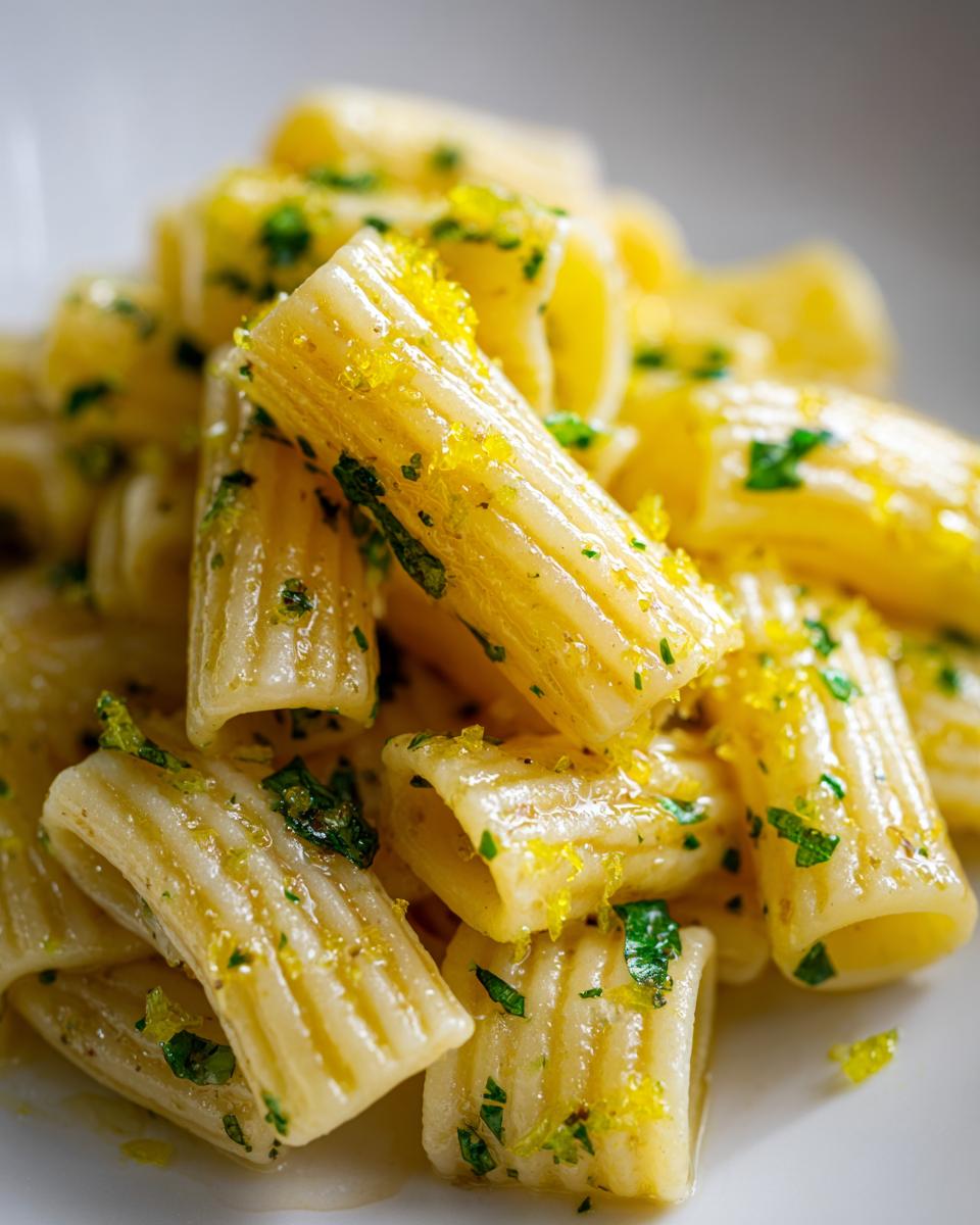 Close-up macro shot of cooked Calamarata Heirloom Pasta tossed in a light sauce, topped with bright yellow lemon zest and chopped parsley.