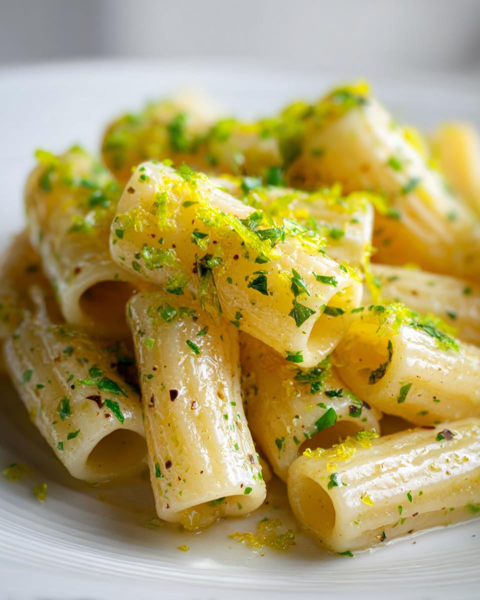 Close-up of glistening Calamarata Heirloom Pasta tossed in a light sauce, topped with bright green parsley and lemon zest.