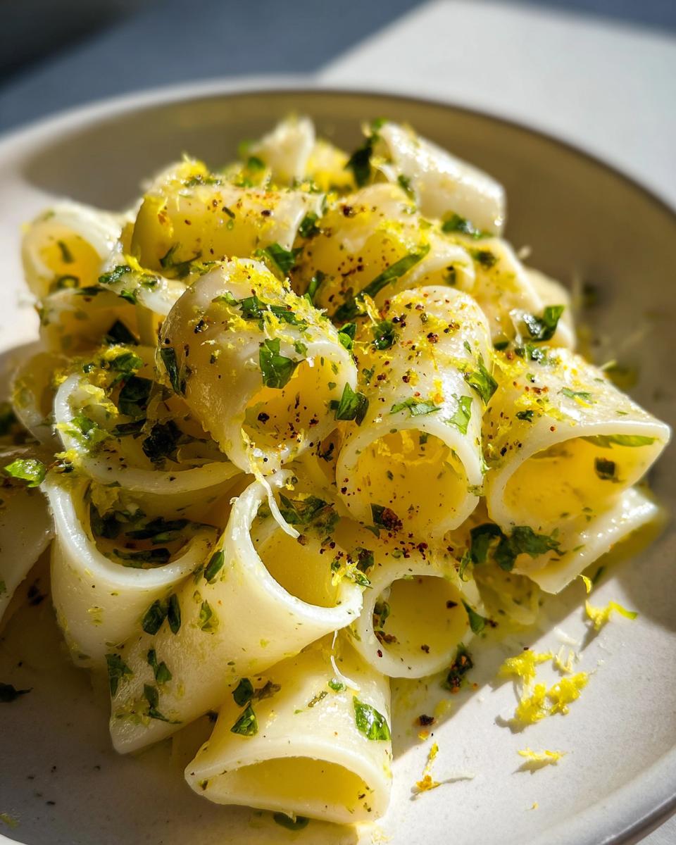 Close-up of bright Calamarata Heirloom Pasta tossed with lemon zest, parsley, and pepper.