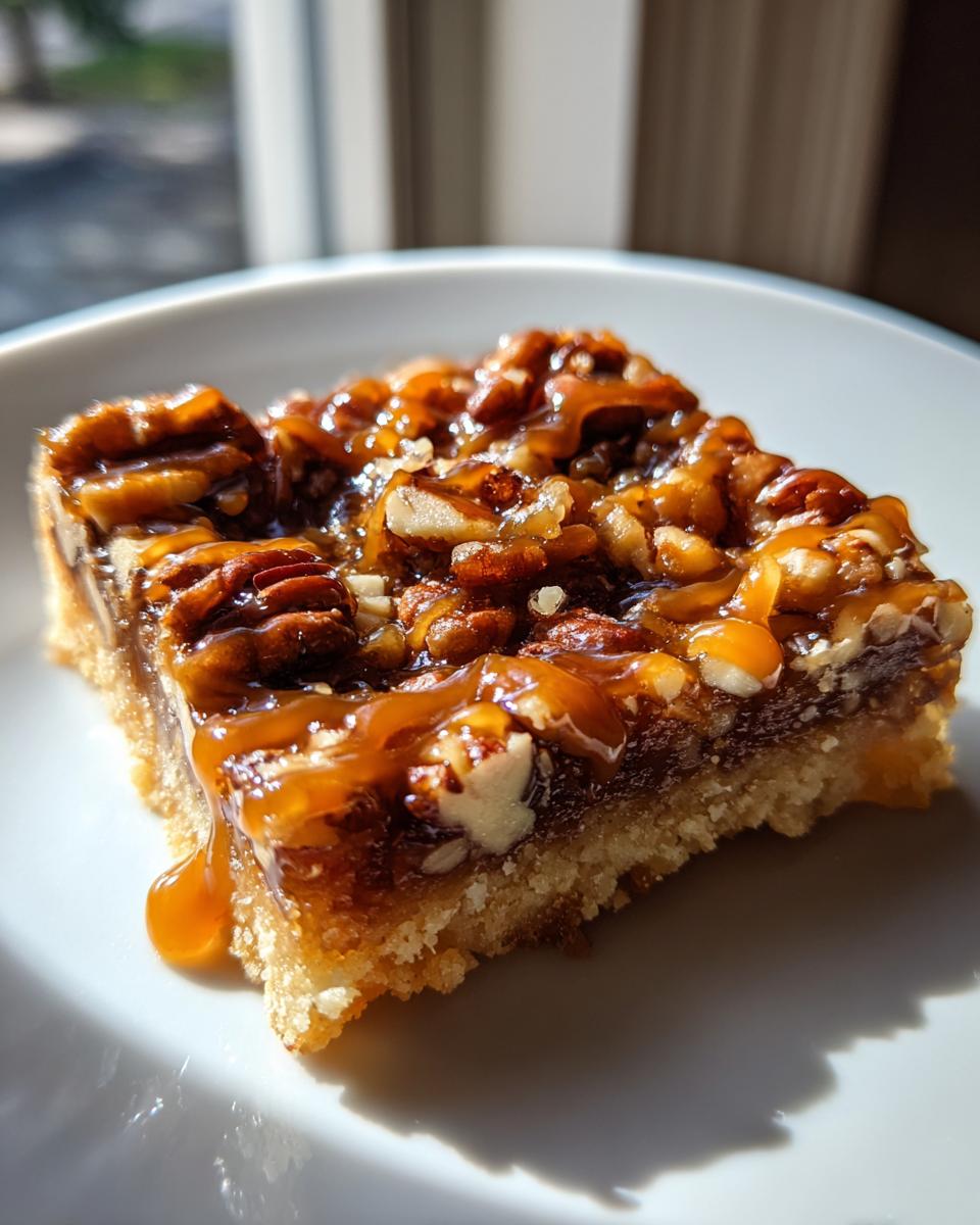A single, rich square of Caramel Pecan Pie Bars sits on a white plate, glistening with sticky caramel topping and pecans.