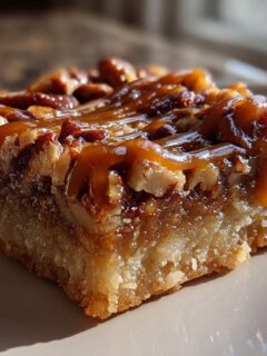 A single square of rich Caramel Pecan Pie Bars showing a thick shortbread crust topped with pecans and gooey caramel sauce.