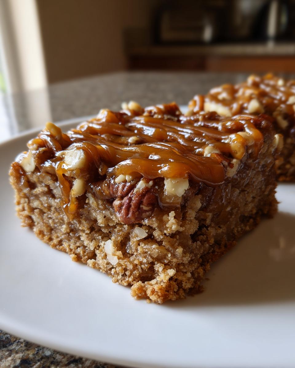 A close-up of a thick square of Caramel Pecan Pie Bars topped with gooey caramel and chopped pecans.