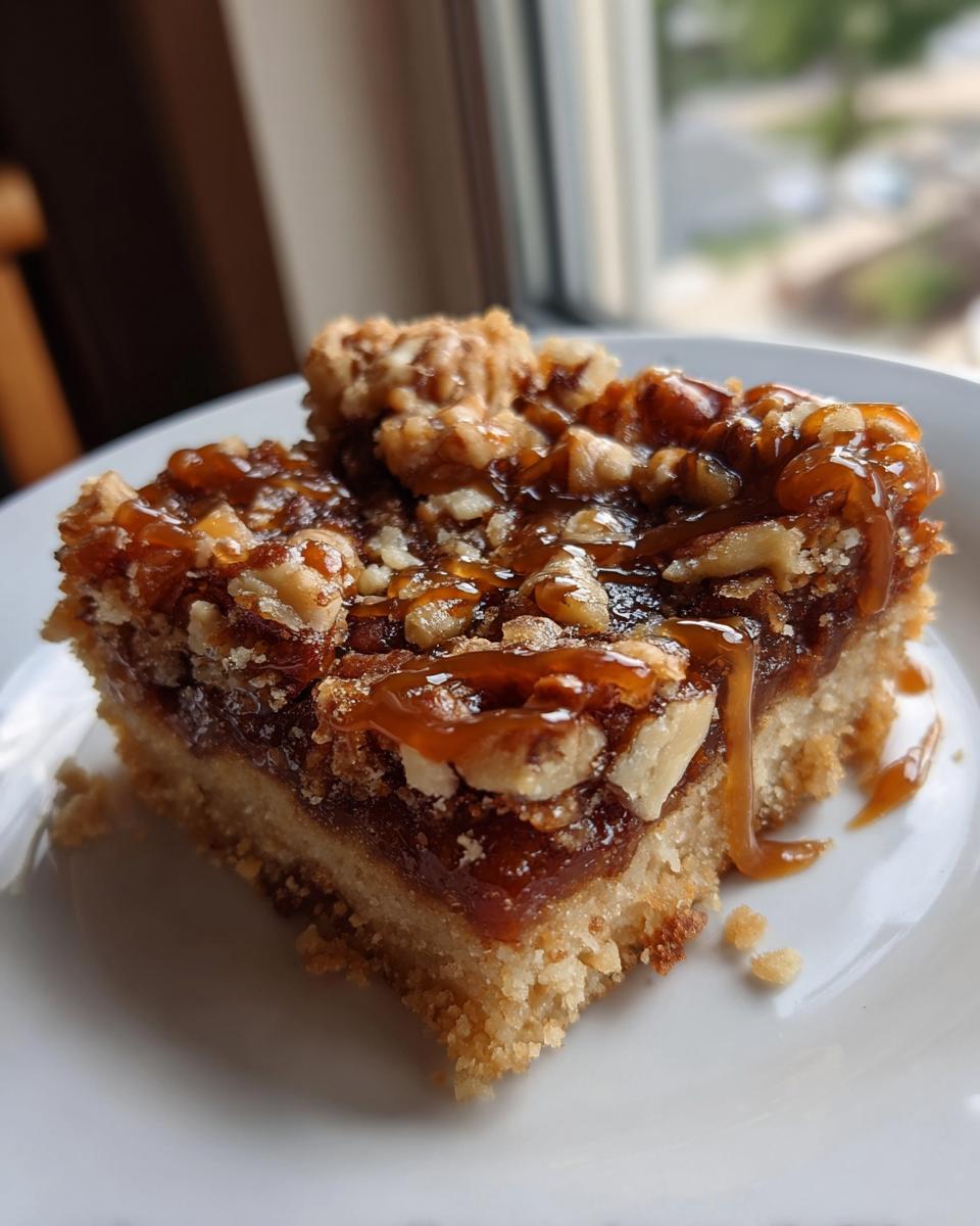 A single, thick square of Caramel Pecan Pie Bars with a buttery crust, topped with nuts and dripping caramel sauce.