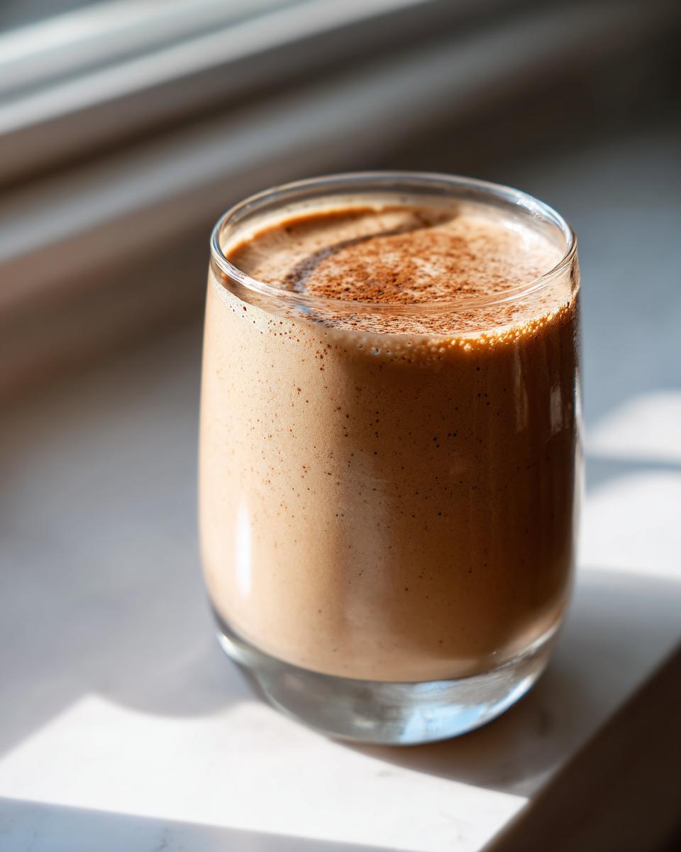 A glass of creamy Chai Almond Joy Smoothie topped with cinnamon dust, sitting by a sunlit window.
