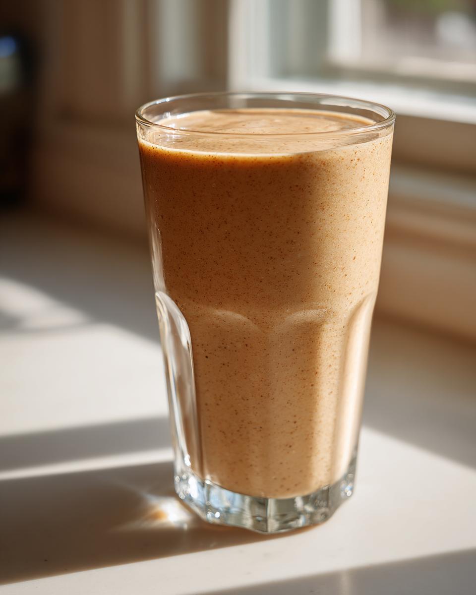 A tall glass filled with a creamy, light brown Chai Almond Joy Smoothie sitting on a sunlit windowsill.