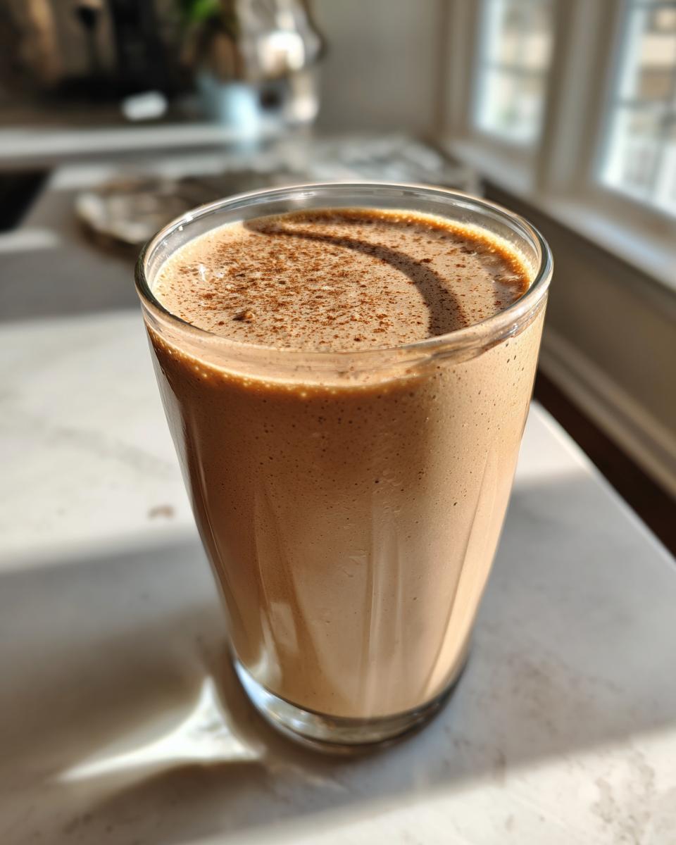 A tall glass filled with a creamy, brown Chai Almond Joy Smoothie, topped with cinnamon dusting.