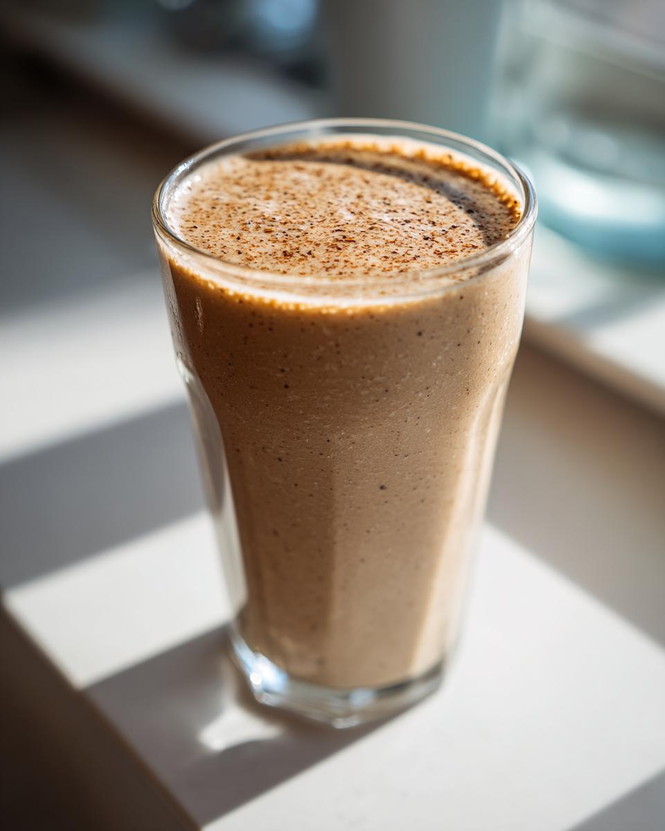 A tall glass filled with a thick, brown Chai Almond Joy Smoothie, dusted with spice on top.
