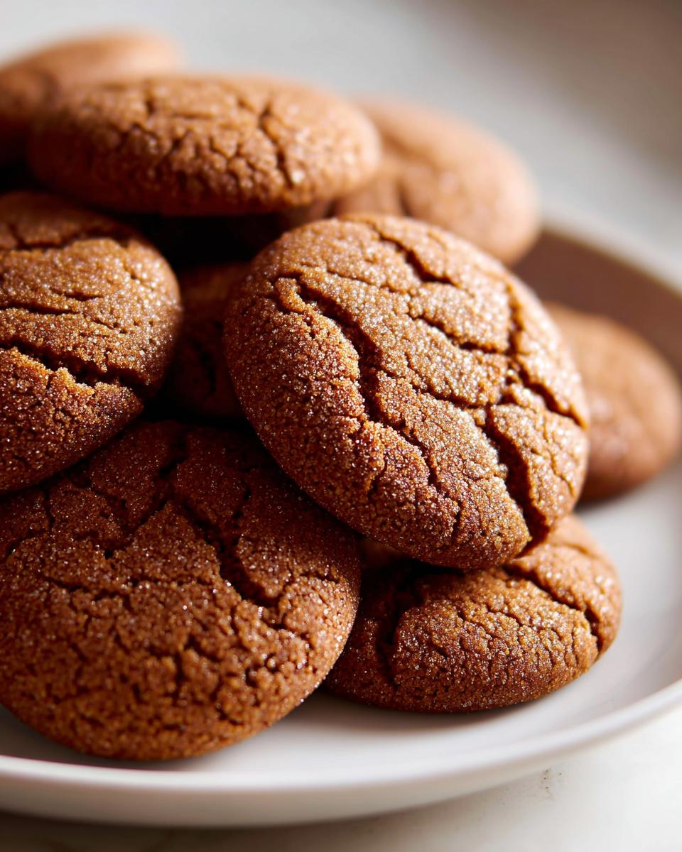 Close-up of several rich, brown Chai Spiced Apple Butter Cookies piled on a white plate, showing a sugary, cracked surface.